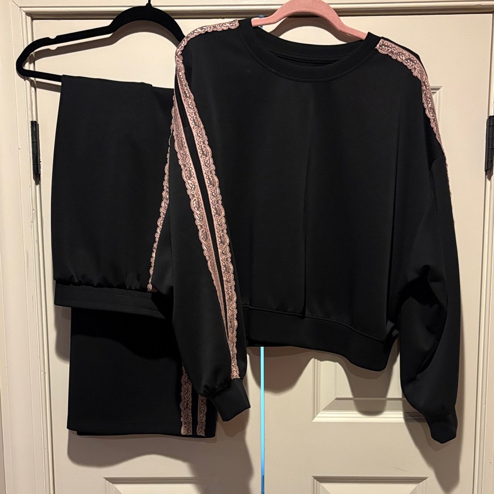 All in Motion Black Sweat Set with Pink Lace Detail